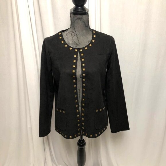 Carmen Marc Valvo Black Studded Faux Suede Jacket Womens Size Small Luxe Blazer - Picture 2 of 9